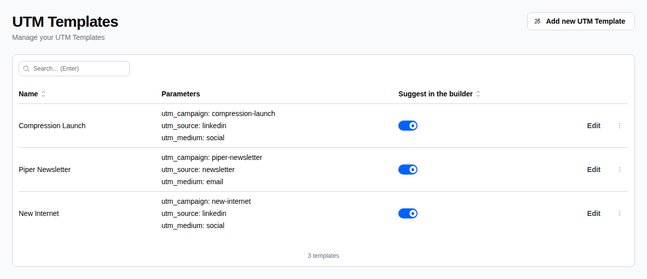 Current UTM templates, with saved demo parameter sets.